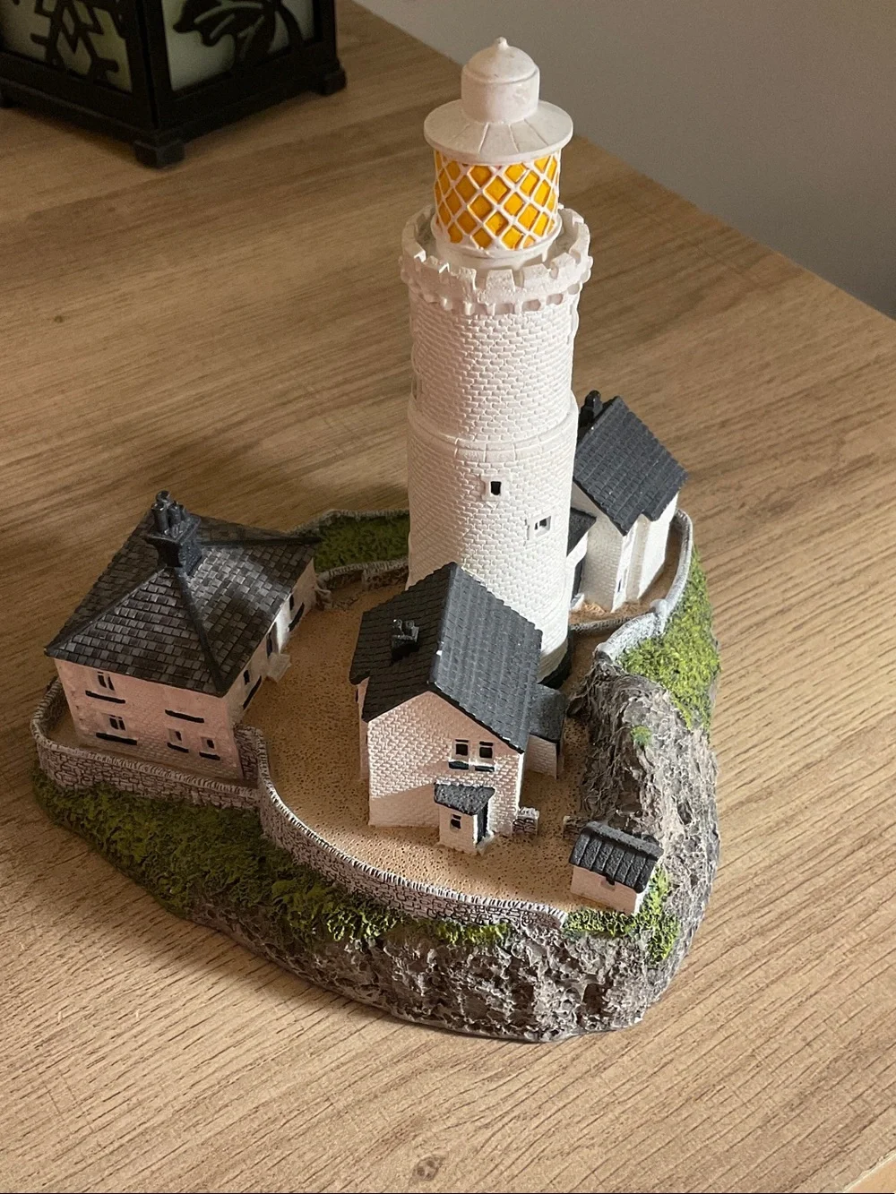 Danbury Mint White Lighthouse Figurine with Yellow Lantern and Green Base